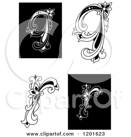 Clipart of Vintage Black and White Floral Letters Q and R - Royalty Free Vector Illustration by Vector Tradition SM
