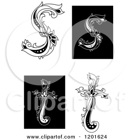 Clipart of Vintage Black and White Floral Letters S and T - Royalty Free Vector Illustration by Vector Tradition SM