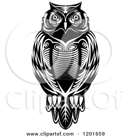 Clipart of a Black and White Tribal Owl 2 - Royalty Free Vector Illustration by Vector Tradition SM