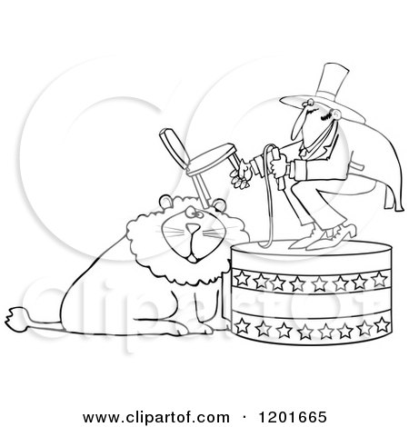 Cartoon of an Outlined Circus Tamer Holding a Chair and Whip over a Lion - Royalty Free Vector Clipart by djart