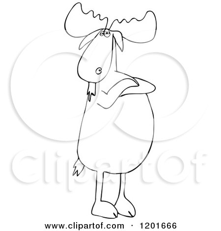 Cartoon of an Outlined Defiant Moose Standing Upright with Folded Arms - Royalty Free Vector Clipart by djart