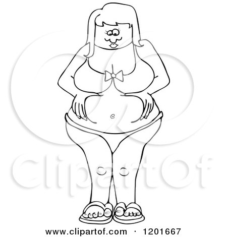 Cartoon of an Outlined Chubby Woman in a Bikini, Squeezing Her Belly Fat - Royalty Free Vector Clipart by djart