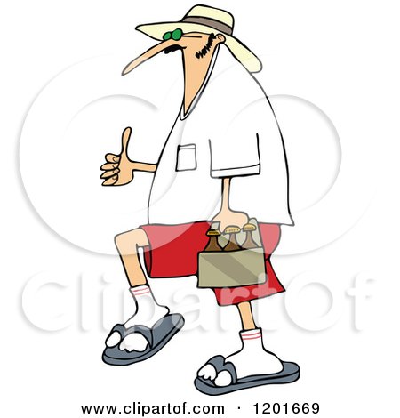 Cartoon of a Caucasian Man Carrying Beer and Holding a Thumb up - Royalty Free Vector Clipart by djart