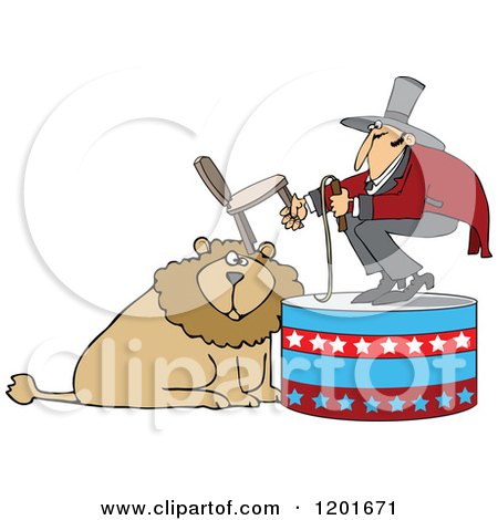 Cartoon of a Circus Tamer Holding a Chair and Whip over a Lion - Royalty Free Vector Clipart by djart