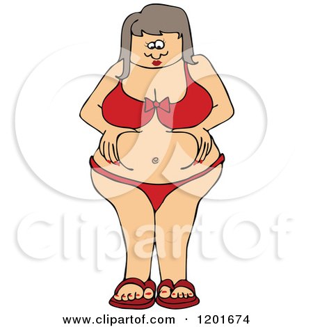 Cartoon of a Chubby White Woman in a Bikini, Squeezing Her Belly Fat - Royalty Free Vector Clipart by djart