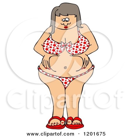 Cartoon of a Chubby Woman in a Polka Dot Bikini, Squeezing Her Belly Fat - Royalty Free Vector Clipart by djart