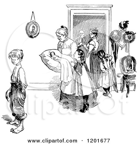 Clipart of a Vintage Black and White Mother with a Baby and Children - Royalty Free Vector Illustration by Prawny Vintage