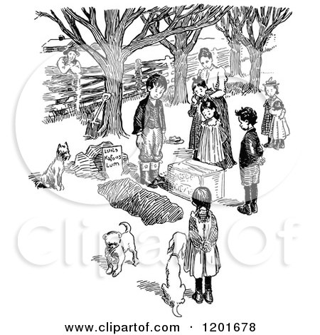 Clipart of a Vintage Black and White Mother with Children Around a Dog Grave - Royalty Free Vector Illustration by Prawny Vintage