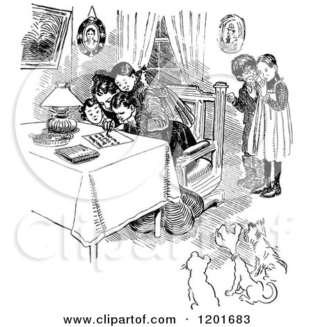 Clipart of a Vintage Black and White Mother and Children Writing a Letter with Dogs - Royalty Free Vector Illustration by Prawny Vintage