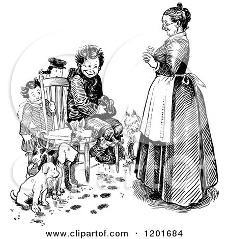 Clipart of a Vintage Black and White Mother and Boys with Dogs Around a Chair - Royalty Free Vector Illustration by Prawny Vintage