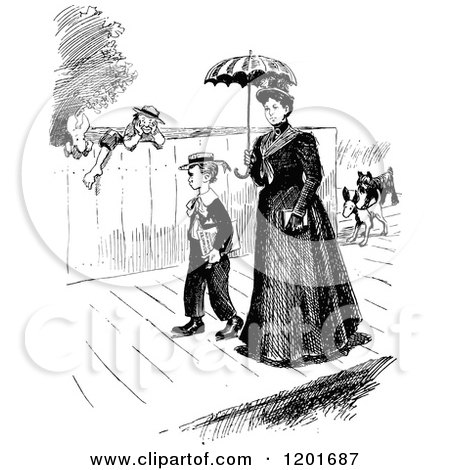 Clipart of a Vintage Black and White Mother and Son Walking - Royalty Free Vector Illustration by Prawny Vintage
