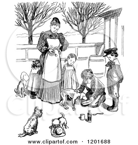 Clipart of a Vintage Black and White Mother and Children Giving Dogs Medicine - Royalty Free Vector Illustration by Prawny Vintage