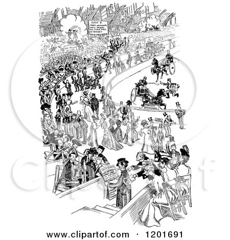 Clipart of a Vintage Black and White Busy Street Scene - Royalty Free Vector Illustration by Prawny Vintage