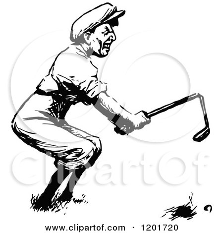 Clipart of a Vintage Black and White Angry Golfer Breaking a Club - Royalty Free Vector Illustration by Prawny Vintage