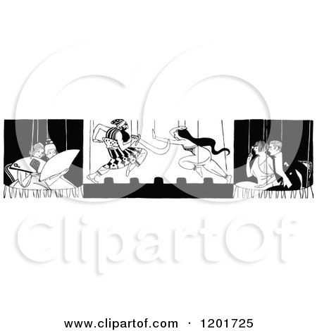 Clipart of a Vintage Black and White Puppet Show at the Theater - Royalty Free Vector Illustration by Prawny Vintage