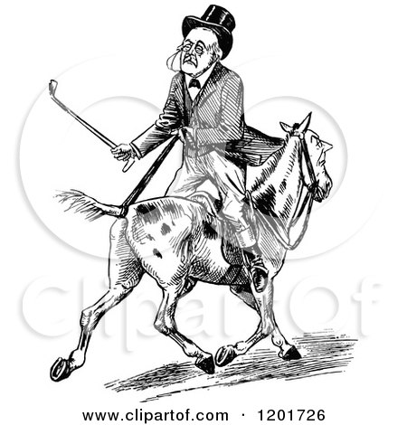 Clipart of a Vintage Black and White Old Man Riding Backwards on a Horse - Royalty Free Vector Illustration by Prawny Vintage