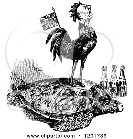 Clipart of a Vintage Black and White Crowing British Man on a Turtle - Royalty Free Vector Illustration by Prawny Vintage