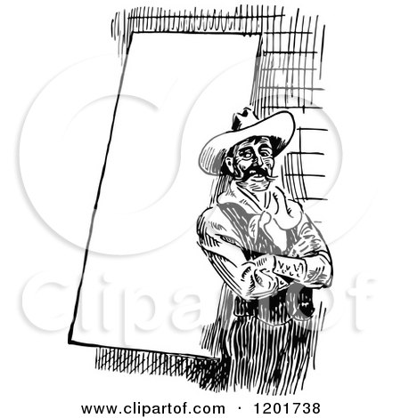 Clipart of a Vintage Black and White Cowboy by a Sign - Royalty Free Vector Illustration by Prawny Vintage