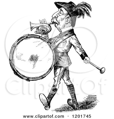 Clipart of a Vintage Black and White Man Playing a Drum and Horn - Royalty Free Vector Illustration by Prawny Vintage