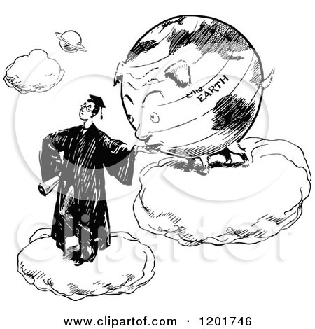 Clipart of a Vintage Black and White Graduate and Earth Eating out of His Hand - Royalty Free Vector Illustration by Prawny Vintage