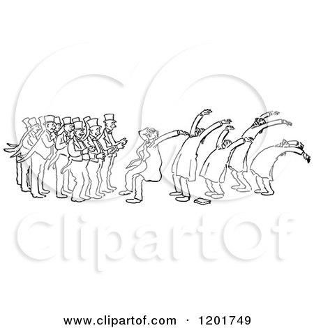 Clipart of a Vintage Black and White Group of Men and Followers Bowing - Royalty Free Vector Illustration by Prawny Vintage