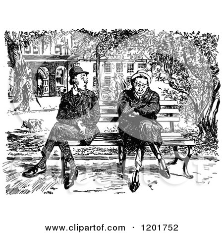 Clipart of Vintage Black and White Grumpy and Curious Men Sitting on a Park Bench - Royalty Free Vector Illustration by Prawny Vintage