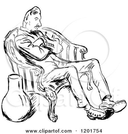 Clipart of a Vintage Black and White Bored Man Sitting in a Chair - Royalty Free Vector Illustration by Prawny Vintage