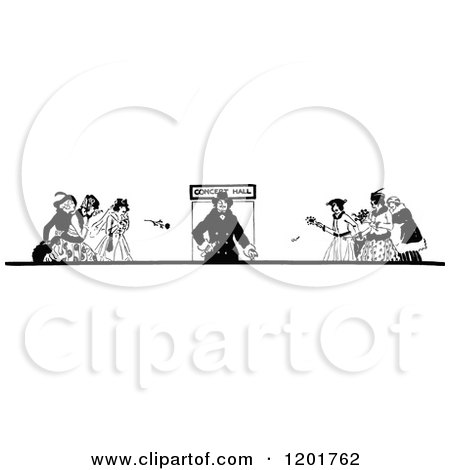 Clipart of a Vintage Black and White Man and Fans at a Concert Hall - Royalty Free Vector Illustration by Prawny Vintage
