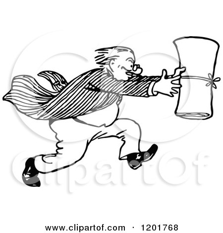 Clipart of a Vintage Black and White Man Running with a Scroll - Royalty Free Vector Illustration by Prawny Vintage