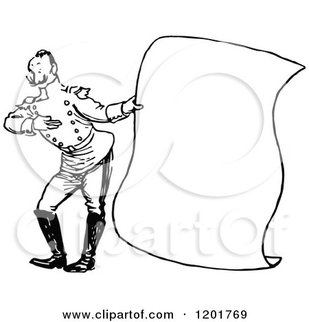 Clipart of a Vintage Black and White Soldier Presenting a Scroll Sign - Royalty Free Vector Illustration by Prawny Vintage