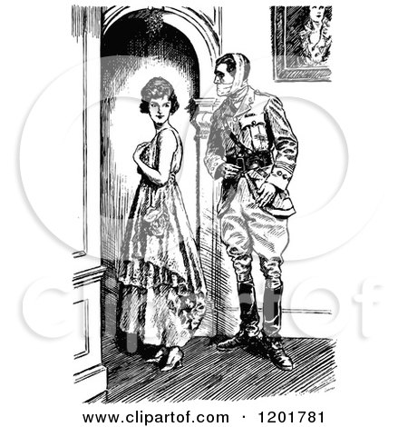 Clipart of a Vintage Black and White Lady and Injured Soldier - Royalty Free Vector Illustration by Prawny Vintage