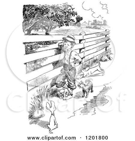 Clipart of a Vintage Black and White Boy with Dogs at a Country Fence - Royalty Free Vector Illustration by Prawny Vintage