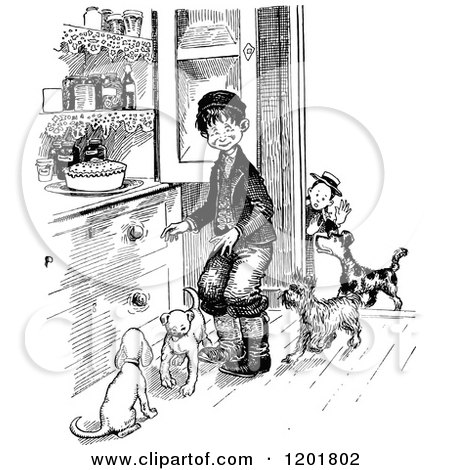Clipart of Vintage Black and White Boys with Dogs by a Pie on a Cabinet - Royalty Free Vector Illustration by Prawny Vintage