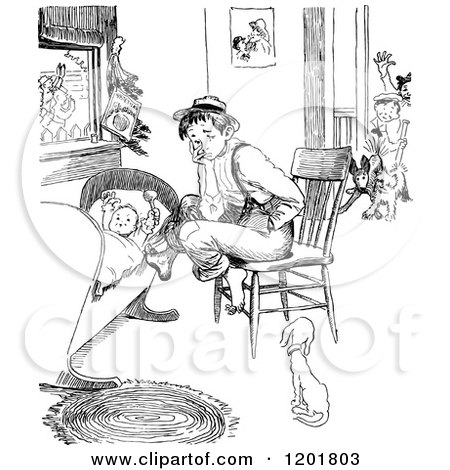 Clipart of a Vintage Black and White Bored Boy Rocking a Baby Cradle - Royalty Free Vector Illustration by Prawny Vintage