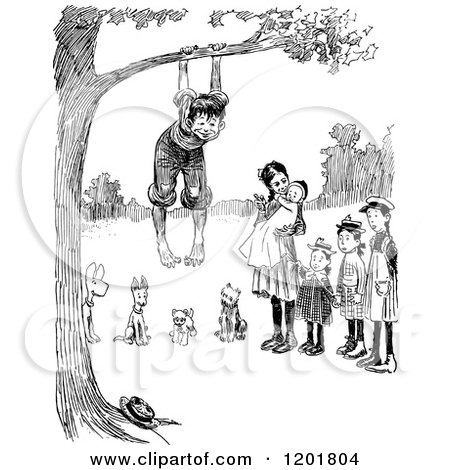 Clipart of a Vintage Black and White Group of Children and Dogs Playing at a Tree - Royalty Free Vector Illustration by Prawny Vintage