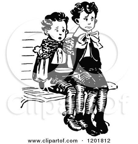 Clipart of Vintage Black and White Worried Boys Sitting - Royalty Free Vector Illustration by Prawny Vintage