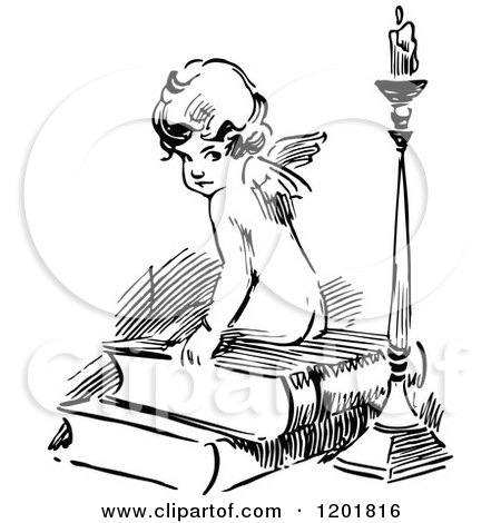 Clipart of a Vintage Black and White Cherub Sitting on Books by a Candle - Royalty Free Vector Illustration by Prawny Vintage