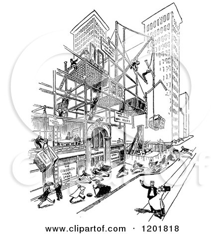 Clipart of a Vintage Black and White Scaffolded Building in the City - Royalty Free Vector Illustration by Prawny Vintage