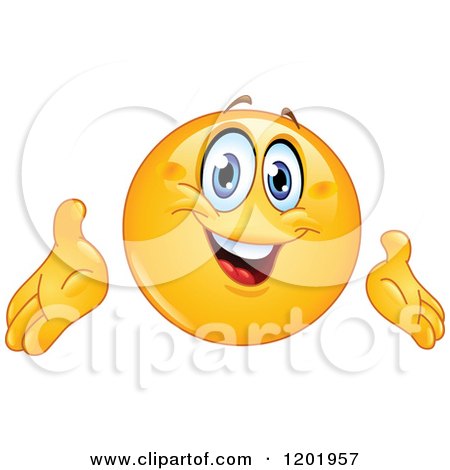 Cartoon of a Happy Emoticon Smiley Presenting - Royalty Free Vector Clipart by yayayoyo