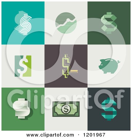 Clipart of Different Styled Dollar Symbol Graph and Piggy Bank Squares - Royalty Free Vector Illustration by elena