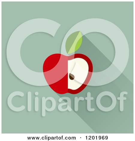 Clipart of a Cut Red Apple and Leaf with a Shadow on Green - Royalty Free Vector Illustration by elena