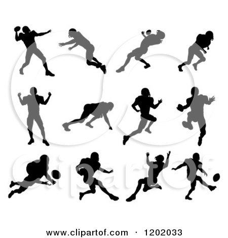 Clipart of Black Silhouetted American Football Players in Action - Royalty Free Vector Illustration by AtStockIllustration