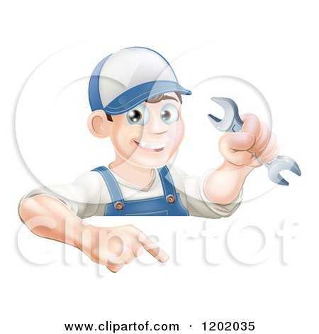 Cartoon of a Happy Brunette Worker Man Holding a Wrench and Pointing down at a Sign - Royalty Free Vector Clipart by AtStockIllustration