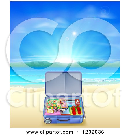 cartoon of a travel suitcase open on a sandy tropical