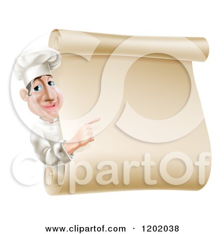 Cartoon of a Chef Looking Around and Pointing at a Scroll Menu Sign - Royalty Free Vector Clipart by AtStockIllustration