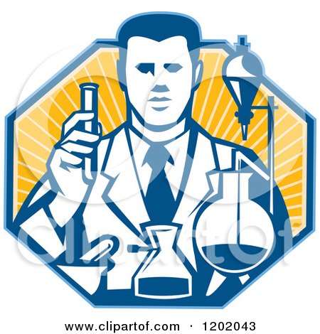 Clipart of a Retro Scientist Working with Lab Equipment over a Ray Octagon - Royalty Free Vector Illustration by patrimonio