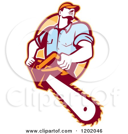 Clipart of a Retro Logger Using a Chain Saw, Emerging from an Orange Oval - Royalty Free Vector Illustration by patrimonio