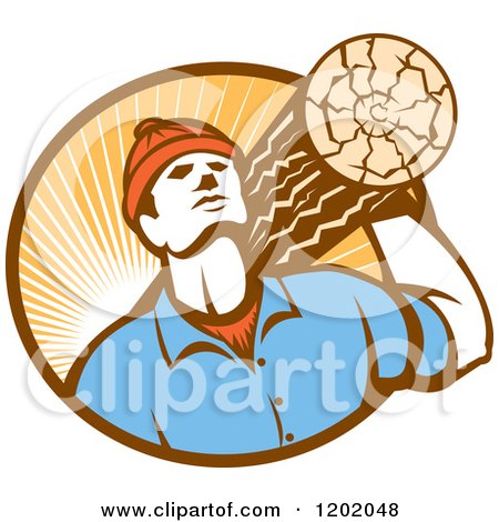 Clipart of a Retro Worker Carrying a Log in a Circle of Sun Rays - Royalty Free Vector Illustration by patrimonio