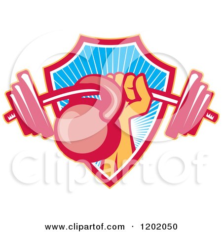 Clipart of a Retro Weightlifter Hand with a Barbell and Kettlebell Emerging from a Ray Shield - Royalty Free Vector Illustration by patrimonio