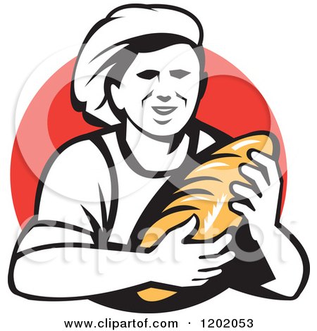 Clipart of a Retro Female Baker Holding a Bread Loaf over a Red Circle - Royalty Free Vector Illustration by patrimonio